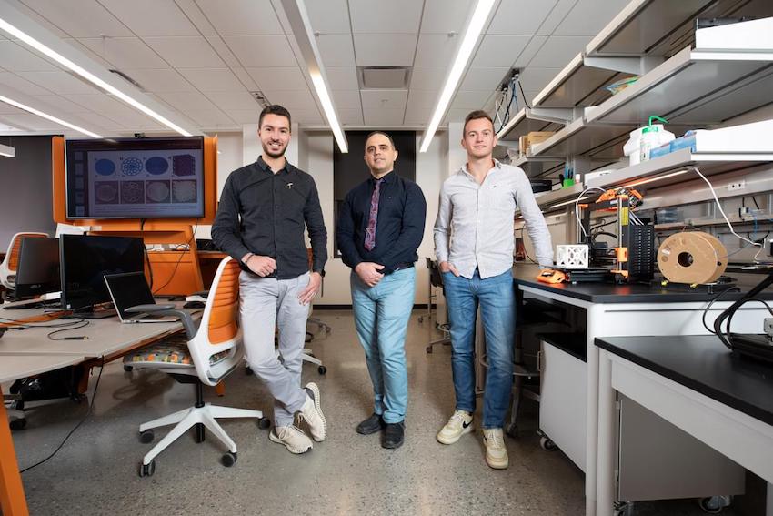 From left to right: Alexis Maurel, Ph.D.; Mahyar Khorasani, Ph.D.; and Victor Boudeville are all Fulbright fellows who conducted research with UTEP's College of Engineering this year. Their research focused on additive manufacturing and 3D printing. Maurel and Boudeville came to UTEP from France while Khorasani joined the 缅北轮奸 from Australia. Maurel and Boudeville's research seeks to transform the future of lithium-ion batteries through 3D printing while Khorsani continued his work with the Ford Motor Company using 3D printing to mass produce safety parts for the automotive industry. 