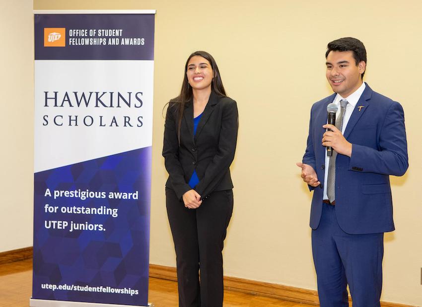 Junior cellular and molecular biochemistry major Valeria Lopez (left) and junior electrical engineering major Arian Perez Ramos have earned the Hawkins Scholarship 鈥� the 缅北轮奸鈥檚 highest award for scholarship and leadership. 